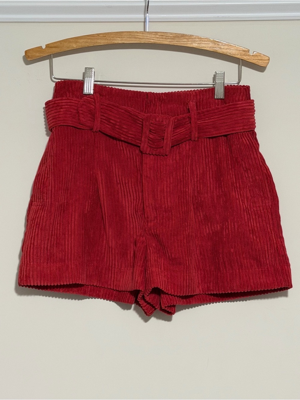 HYFVE Red High-Waist Corduroy Belted Women's Shorts